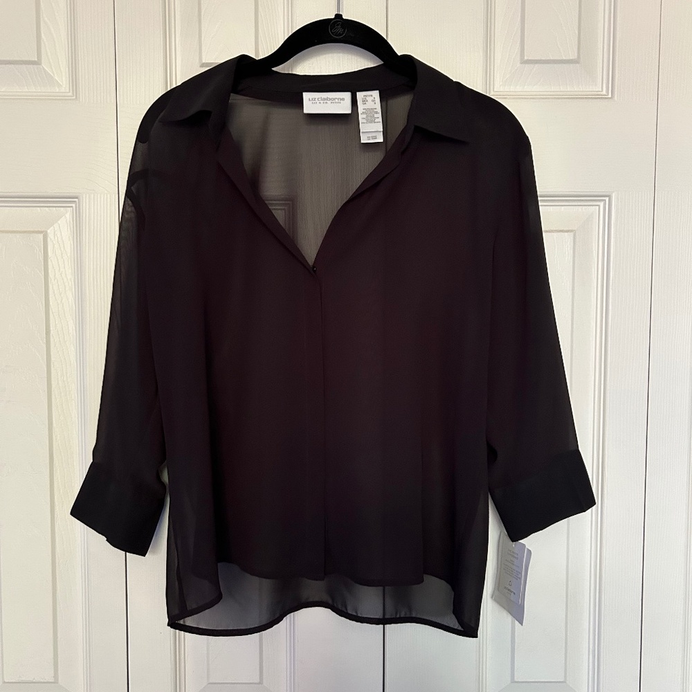 Liz Claiborne Black Sheer Blouse With 3/4 Sleeves.